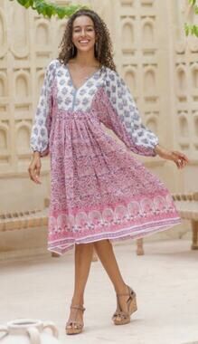 Novica Floral  Retro Peacock  Pink and Blue Cotton Midi Dress-Size XL